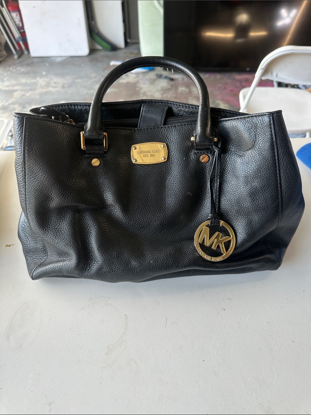 Michael Kors Black Pebbled Leather Satchel with Gold MK Charm